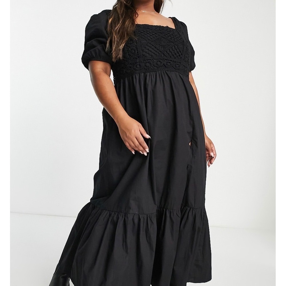 ASOS DESIGN Black Crochet Bodice Puff Sleeve Tiered Midi Dress US 12 NEW